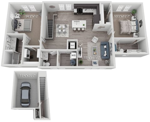 A 3D floor plan of a house with a car garage.